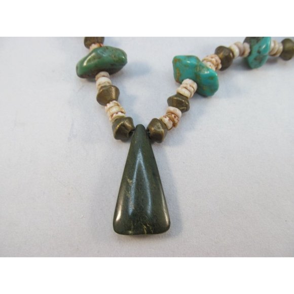 Southwestern Turquoise Nugget Brass Shell Pendant Necklace - Picture 4 of 16